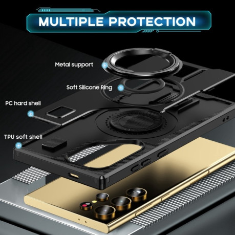 Противоударный чехол Ring Holder Carbon Fiber PC Hybrid TPU для Samsung Galaxy S25 Ultra 5G - черный