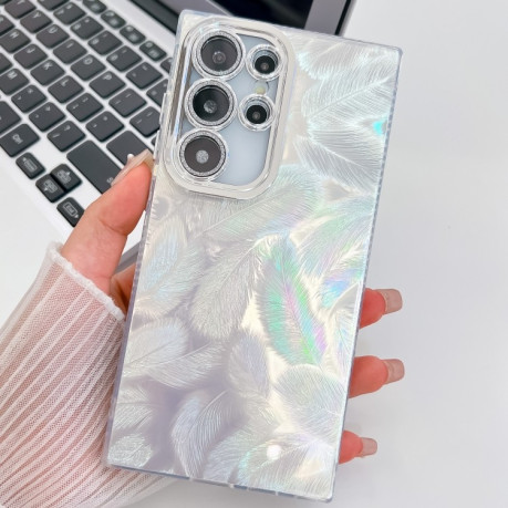 Протиударний чохол Plating Glitter Texture TPU with Lens Film для Samsung Galaxy S25 Ultra 5G - White Feathers