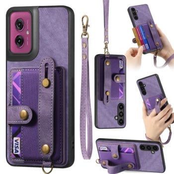 Чехол-кошелёк в винтажном стиле Retro с ремешком на запястье на Motorola Moto G55 - фиолетовый