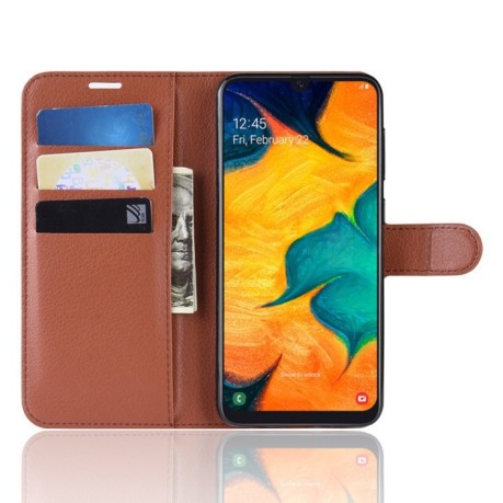 Кожаный чехол-книжка Litchi Texture на Samsung Galaxy A20/ A30-коричневый