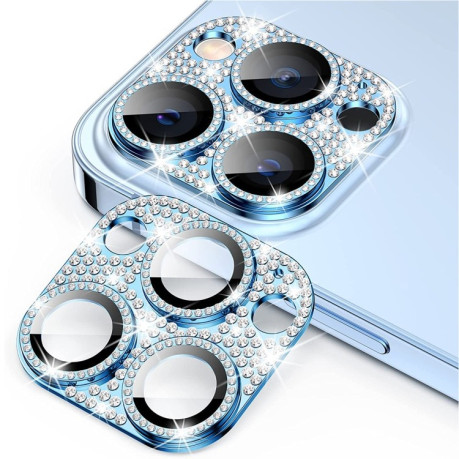 Захисне скло на камеру ENKAY Hat-Prince Blink Diamond Camera Lens Aluminium Alloy для iPhone 15 Pro / 15 Pro Max - блакитне