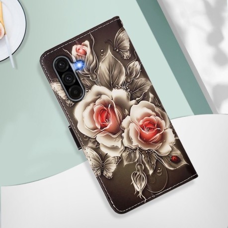Чохол-книжка Colored Drawing Pattern Plain Weave Leather для Samsung Galaxy A56 5G - Roses On Black