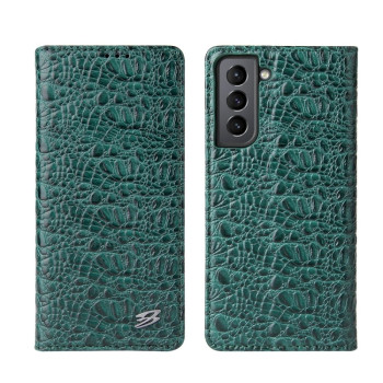 Шкіряний чохол-книжка Fierre Shann Crocodile Texture для Samsung Galaxy S21 Ultra - зелений
