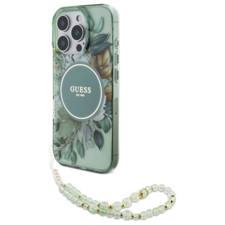Оригінальний чохол Guess IML Flowers With Pearl Strap MagSafe для iPhone 16 Pro Max - green
