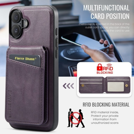 Чехол Fierre Shann Oil Wax Cow Leather Magnetic Card Holder на iPhone 16 - фиолетовый