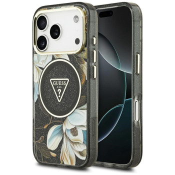 Оригинальный чехол Guess IML Glitter Flowers Triangle с MagSafe на iPhone 17 Pro - black