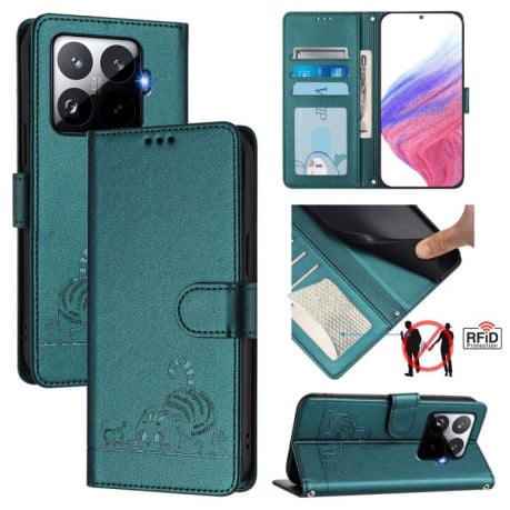Чехол-книжка Cat Embossing Pattern на Xiaomi 15T Pro 5G - Green
