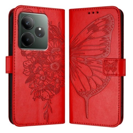 Чехол-книжка Embossed Butterfly для Realme GT 6T 5G Global - красный