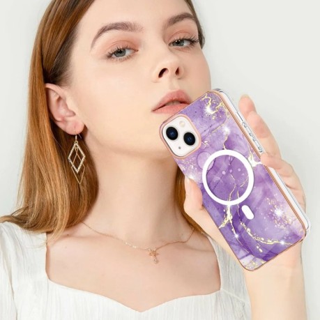 Противоударный чехол Marble Pattern Dual-side IMD Magsafe для iPhone 15 Plus- фиолетовый