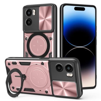 Чехол со шторкой камеры CD фактурой и подставкой на Motorola Moto G05 - розовый