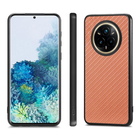 Противоударный чехол Carbon Fiber Texture Leather для Realme 14 Pro+ - коричневый