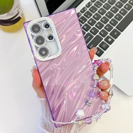 Противоударный чехол Plating Glitter Texture Chain для Samsung Galaxy S25 Ultra 5G - Purple Water Ripples