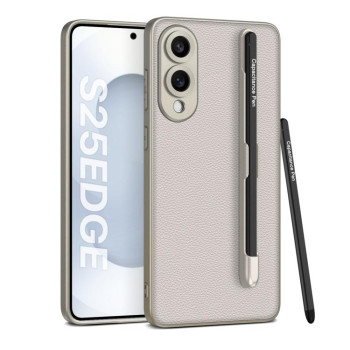 Противоударный чехол GKK Metal Paint Skin Feel Leather with Pen для Samsung Galaxy S25 Edge 5G - серый