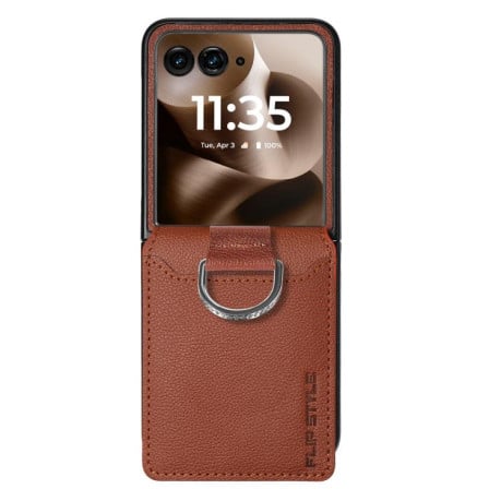 Противоударний чехол Litchi Texture Leather Ring Wallet на Motorola Razr 60 Ultra - коричневий