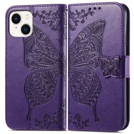 Чехол-книжка Butterfly Love Flower Embossed для iPhone 15 - фиолетовый
