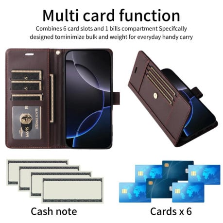 Чехол-книжка Six Card Slots Buckle Leather with Lanyard на Realme C75 - кофейный
