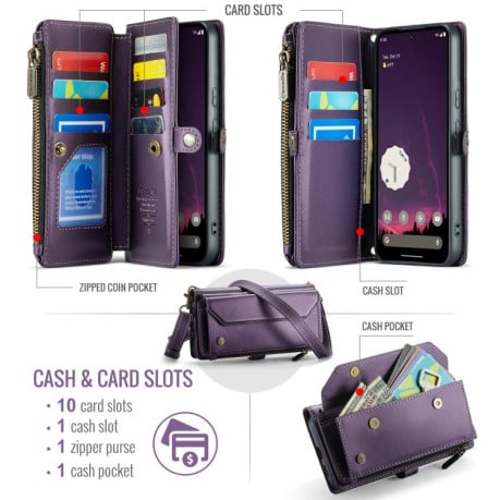 Чехол-книжка CaseMe C36 Card Slots Zipper Wallet RFID Anti-theft Leather для Google Pixel 9a - фиолетовый