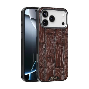 Ультратонкий чехол ABEEL Beast Pattern 6D Micro-Embossed MagSafe Genuine Leather на iPhone 17 Pro Max - коричневый