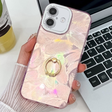 Чохол протиударний Plating Glitter Texture Ring Holder для iPhone 16 - Pink Feathers