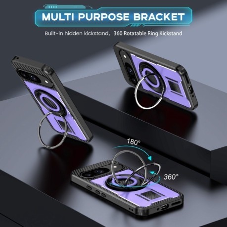 Противоударный чехол Ring Holder Carbon Fiber PC Hybrid TPU для Google Pixel 9 / 9 Pro - фиолетовый