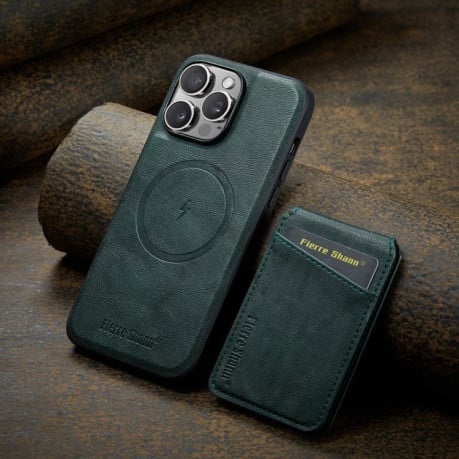 Чохол Fierre Shann Oil Wax Cow Leather Magnetic Card Holder на iPhone 16 Pro - зелений