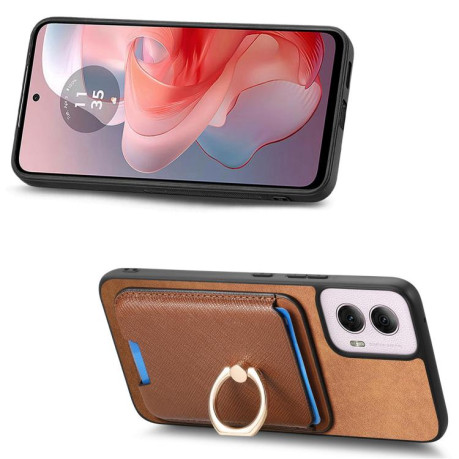 Чехол Retro Cross Leather Ring Vertical Insert Card Bag MagSafe для Motorola Moto G35 5G - коричневый
