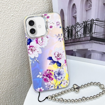 Чохол Electroplating Laser Flower Phone Case with Wrist Strap на iPhone 16 Plus - Peony