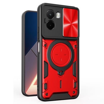 Чохол зі шторкою камери, CD-фактурою та підставкою на Xiaomi Poco M7 4G 169mm — червоний