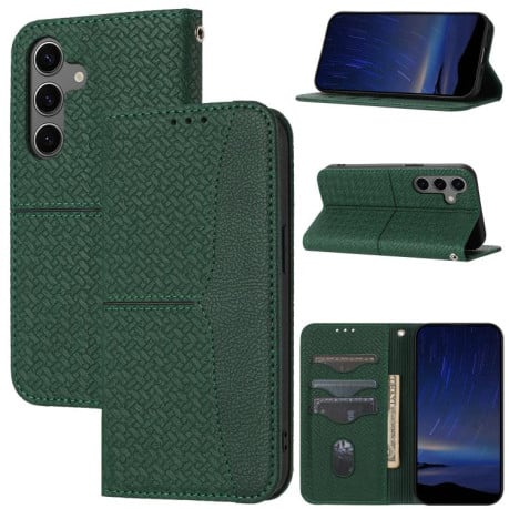 Чехол-книжка с фактурой “плетение” Woven и декоративной строчкой Stitching на Samsung Galaxy S25 FE 5G - зеленый