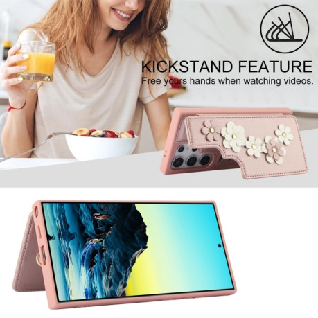 Чехол Crossbody Flower Pattern Leather на Samsung Galaxy S25 Ultra 5G - розовое золото