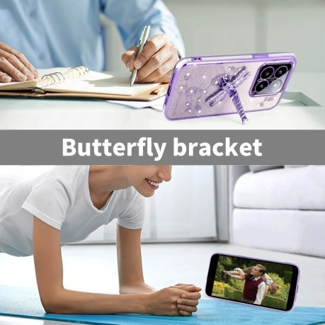 Противоударный чехол Gradient Glitter Immortal 3D Dragonfly Holder Plated для Xiaomi 14  - синий