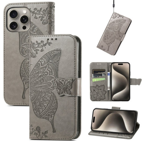 Чохол-книжка Butterfly Love Flower Embossed для iPhone 16 Pro Max - сірий