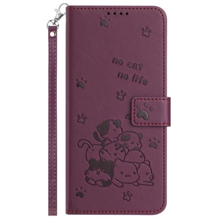 Чехол-книжка Embossed Kitten Phone Leather на Realme C75 / V60 Pro - винно-красный