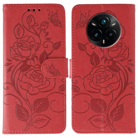 Чехол-книжка Rose Butterfly Embossed Leather для Realme 14 Pro+ - червоний
