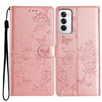 Чехол-книжка Butterflies and Flowers Leather для OPPO Reno 12 5G Global - розовое золото