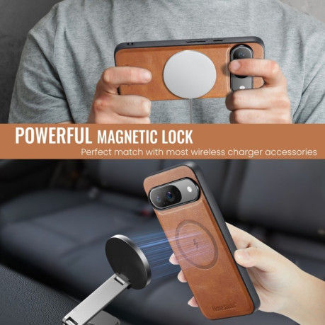 Чехол Fierre Shann Cowhide Texture MagSafe Magnetic для Google Pixel 9 Pro XL - коричневый