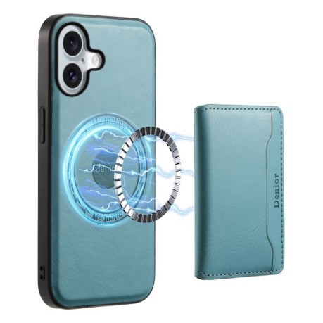 Чехол Denior Cowhide Texture Leather MagSafe Detachable Wallet для iPhone 16 Plus - синий