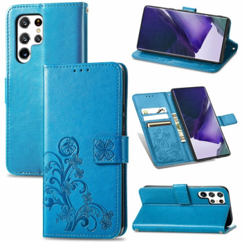 Чехол-книжка Four-leaf Clasp Embossed на Samsung Galaxy S22 Ultra - синий