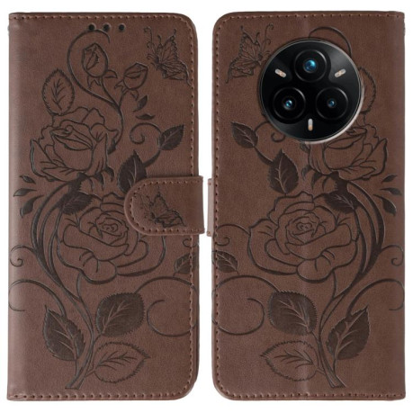 Чехол-книжка Rose Butterfly Embossed Leather для Realme 14 Pro+ - коричневий