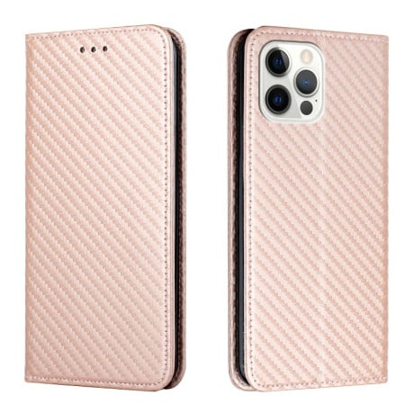 Чохол-книжка Magnetic Flip Carbon Fiber Texture для iPhone 16 Pro Max - рожеве золото