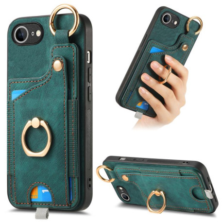 Чехол Retro Skin-feel Ring Card Bag для iPhone 16e - зеленый