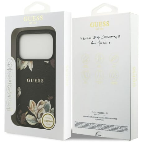 Оригинальный чехол Guess Grained Flowers Classic Logo с MagSafe на iPhone 17 Pro - black