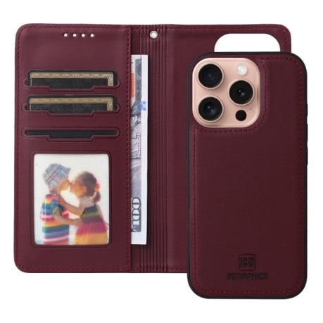 Чохол-книжка BETOPNICE BN-005 2 in 1 Detachable Imitate Genuine Leather для iPhone 16 Pro Max - винно-червоний