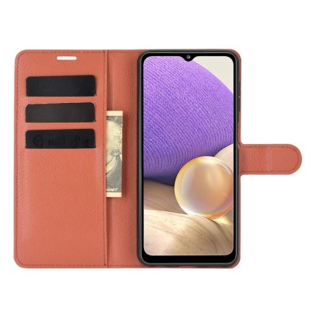 Чехол-книжка Litchi Texture на Samsung Galaxy A32 5G- коричневый