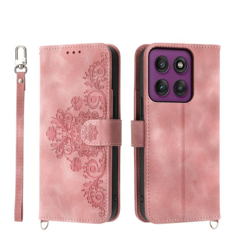 Чехол-книжка Skin-feel Flowers Embossed для Motorola Edge 60 Pro - розовый