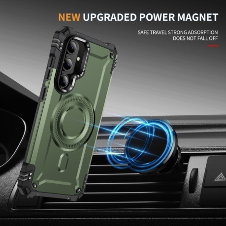 Противоударный чехол MagSafe Lens Holder PC Hybrid TPU для Samsung Galaxy S24 FE 5G - зеленый