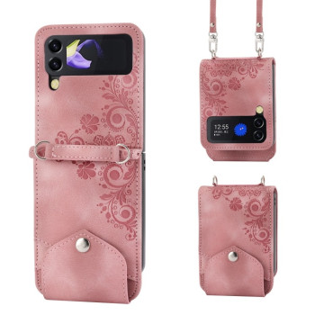 Противоударный чехол Skin Feel Flowers Embossed Wallet для Samsung Galaxy Flip 5 - розовый
