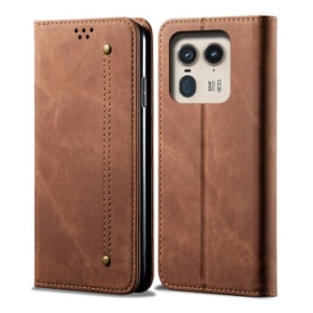 Чехол-книжка с джинсовой тканью casual на Motorola Edge 50 Ultra - коричневый