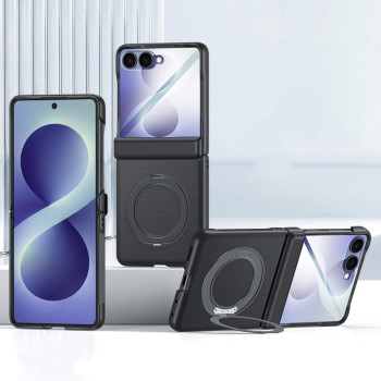 Чехол Spring Hinge Vegan Leather из эко-кожи с шарниром и 360° держателем на Samsung Galaxy Flip8 5G — черный