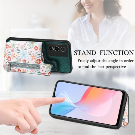 Протиударний чохол Retro Painted Zipper Wallet для Vivo Y76 5G - зелений